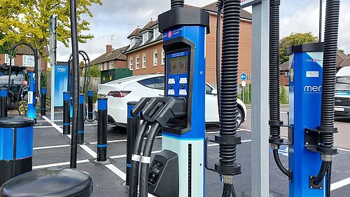 A view of the car chargers in Victoria Road Car Park, Fleet; with two of the eight chargers in use.